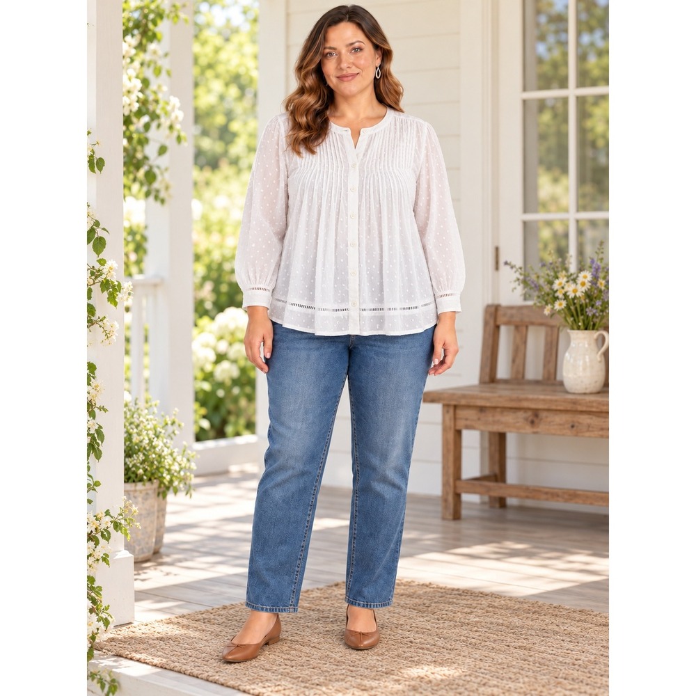 Old Navy Blouse Women 3X White Swiss Dot Boho Lace Trim Button Up Peasant Top